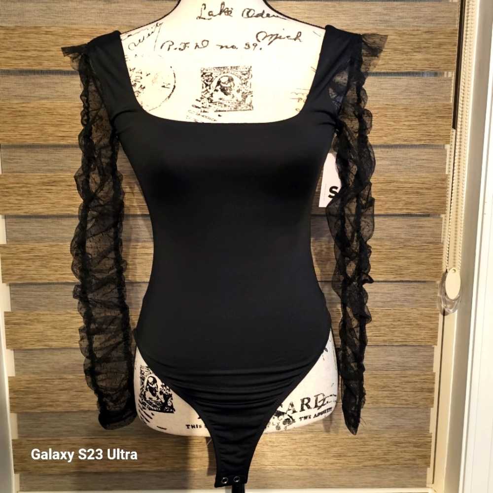 NWT Black Bodysuit with Lace Sleeves - Picture 2 of 11